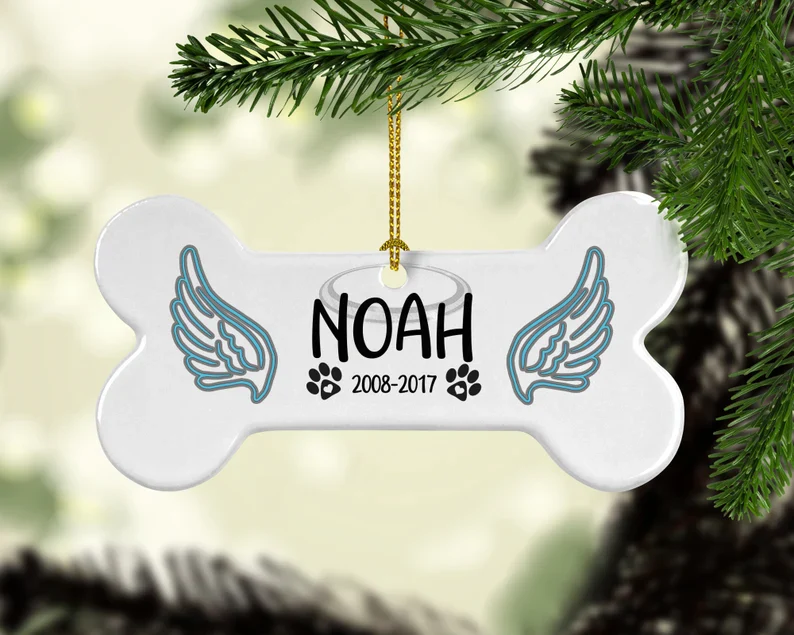Angel Wings bone shape ornament, Tree hanger, Christmas lights Ornament, Personalized, Dog Bone Shaped, Pet ornament